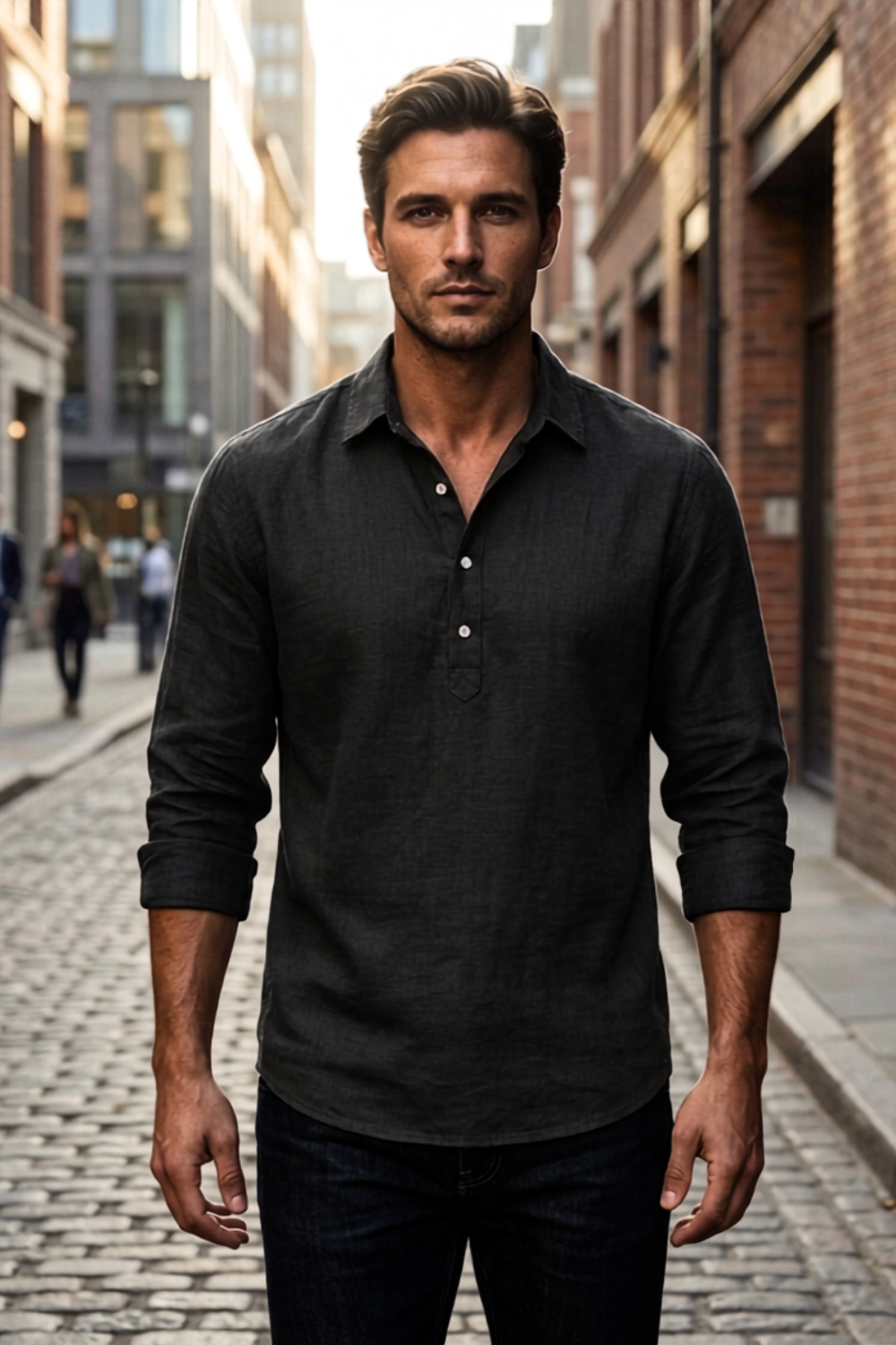 Men's Linen Blend Long Sleeve Henley Collar Shirt
