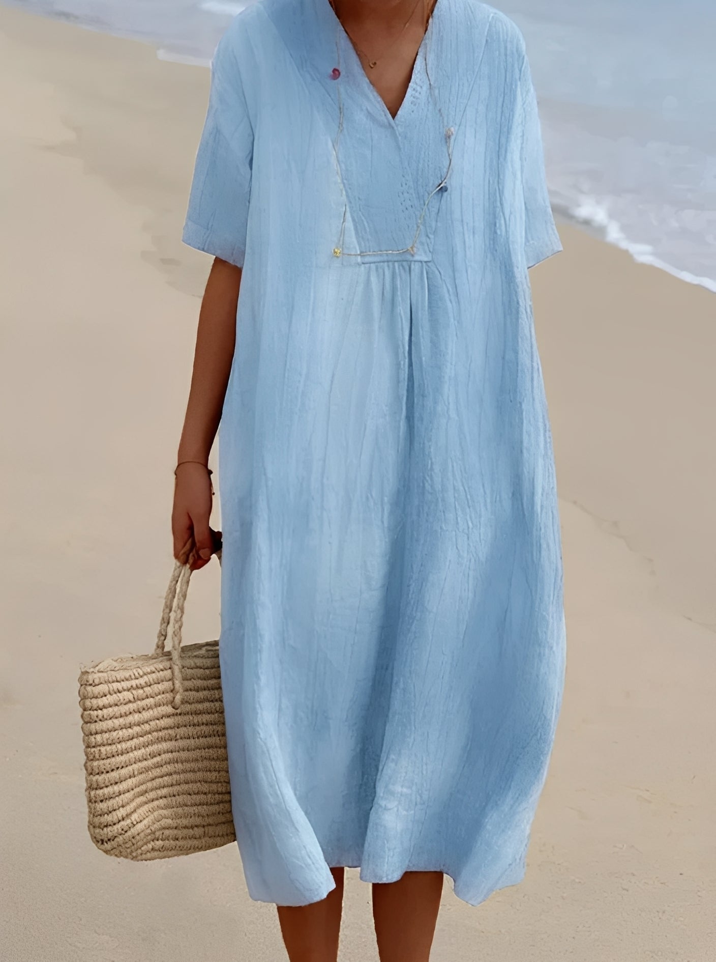 Women's Cotton Blend V Neck Midi Dress for Summer