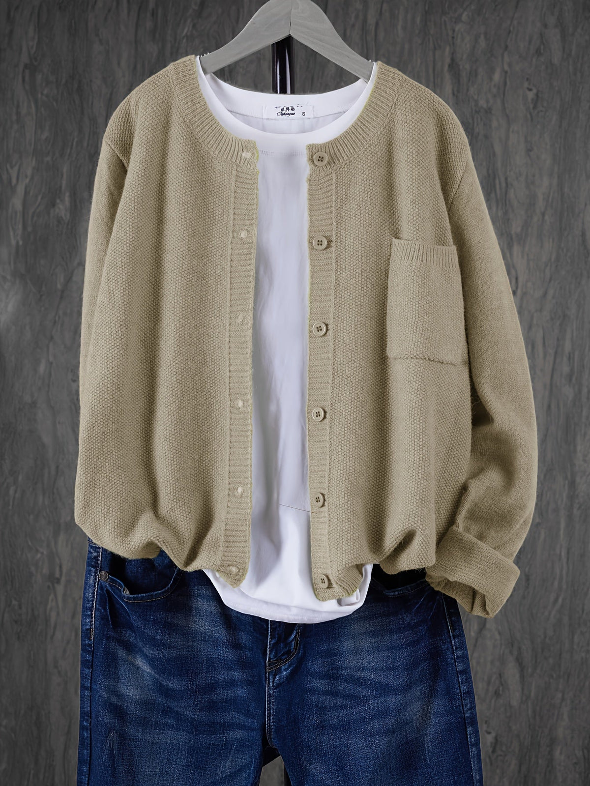 Women’s Knitted Button Cardigan with Crew Neck and Pocket