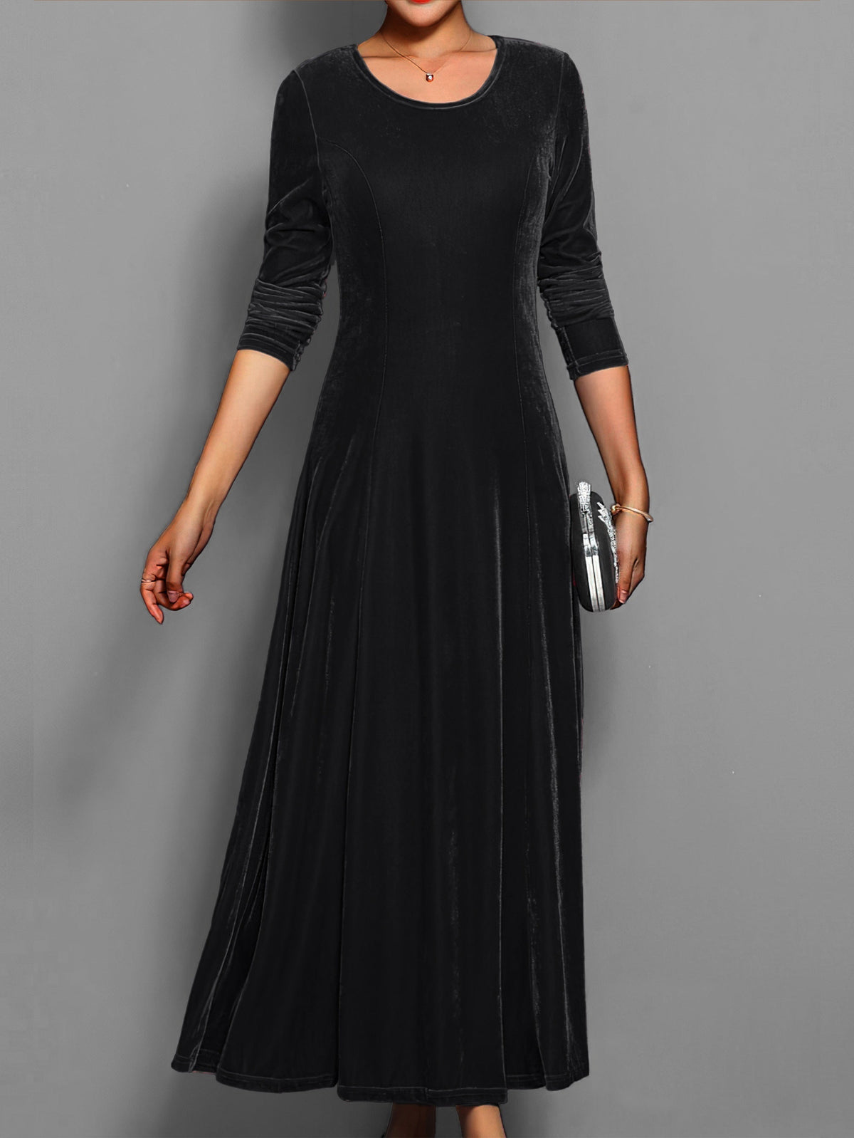 Robe longue trapèze en velours pour femme à manches longues