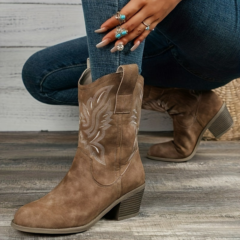 Women’s Western Suede-Look Cowboy Boots with Block Heel