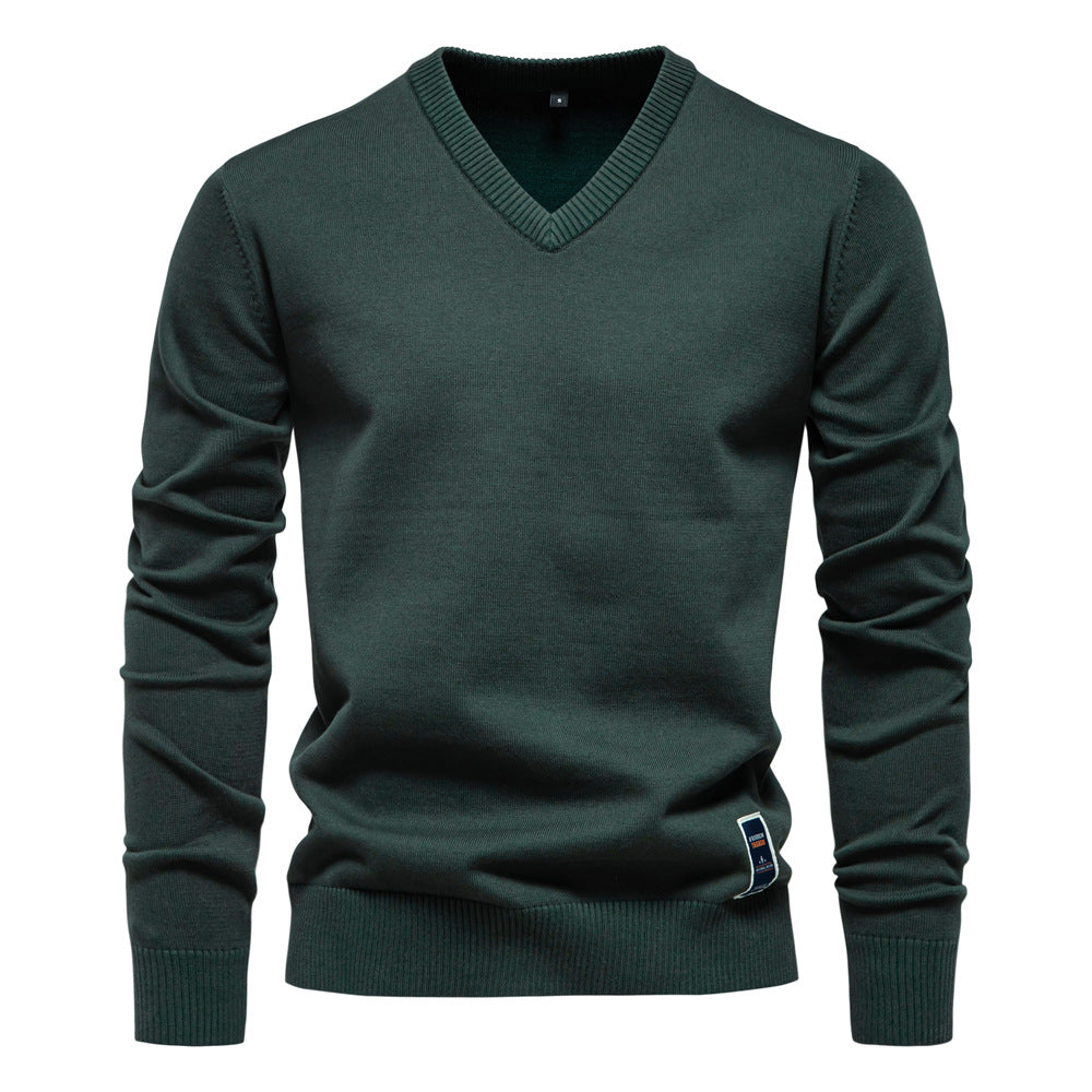 Pull en coton à col en V pour homme | Pull en maille coupe ajustée