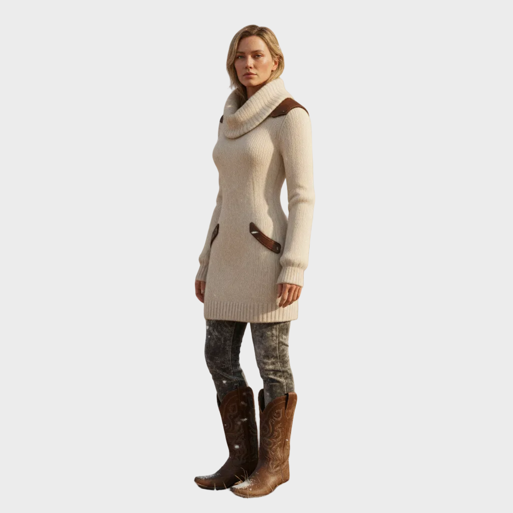 Robe-pull tricotée pour femme à col roulé et bordure contrastante