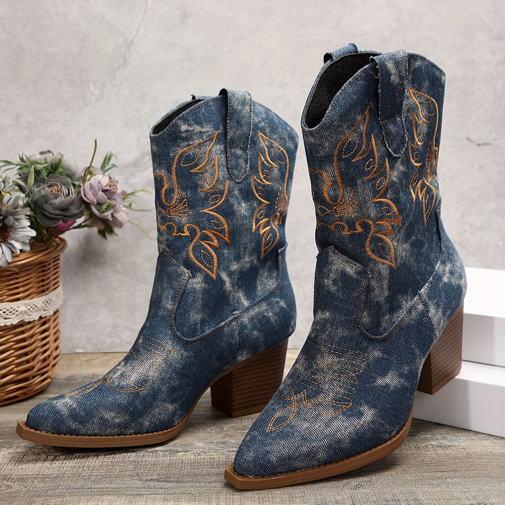 Women’s Denim Cowboy Boots with Western Embroidery