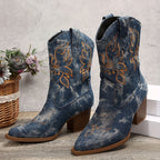 Damskie kowbojki z denimu z haftem w stylu westernowym