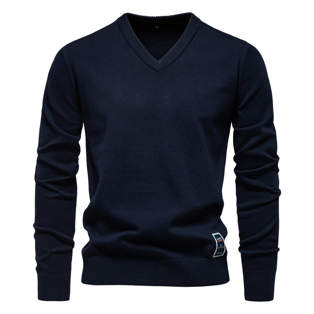 Pull en coton à col en V pour homme | Pull en maille coupe ajustée