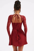 Lace Sleeve Bustier Mini Dress with Tie Front