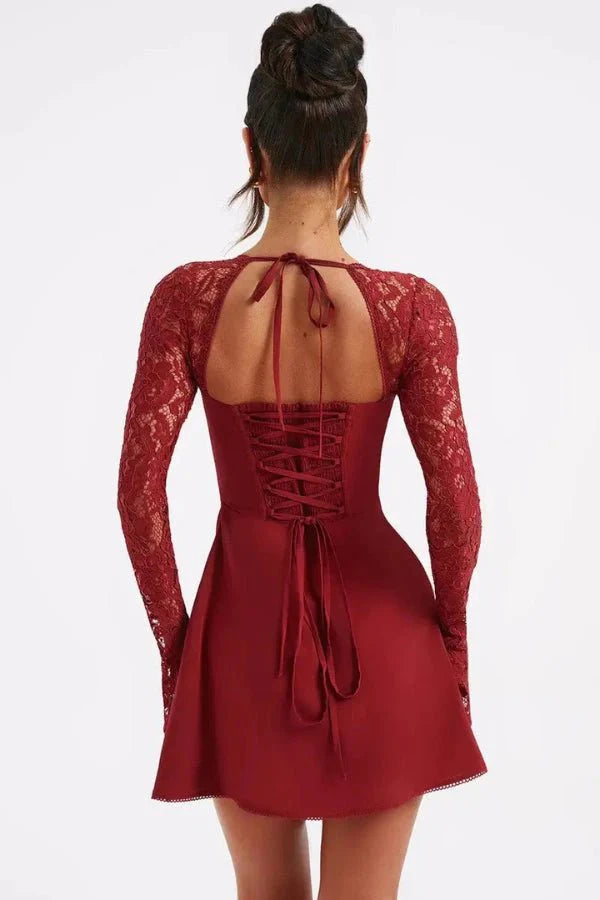 Women's Lace Mini Dress with Long Sleeves for Summer Occasion Wear
