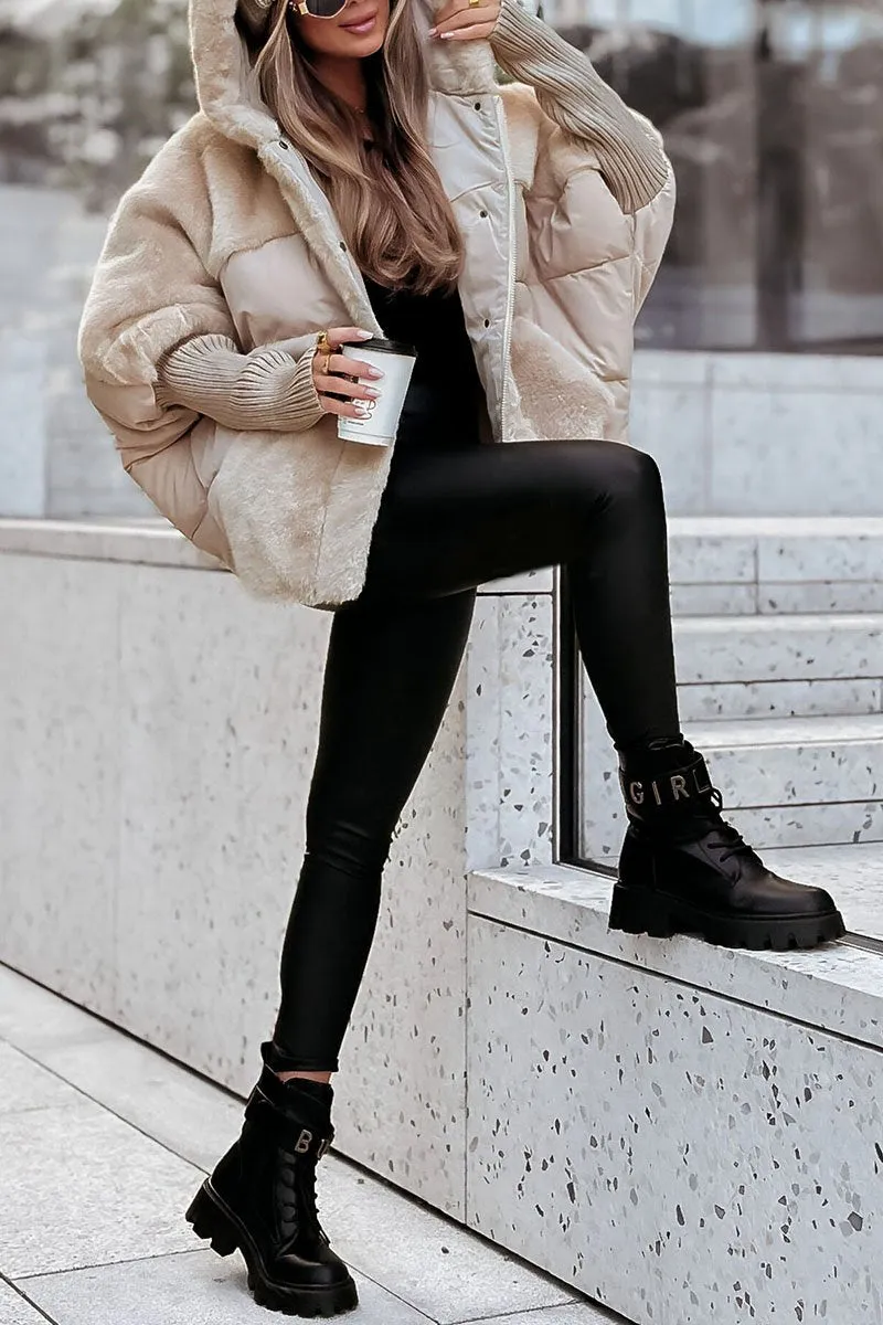 Women's Hooded Puffer Jacket with Faux Fur Trim