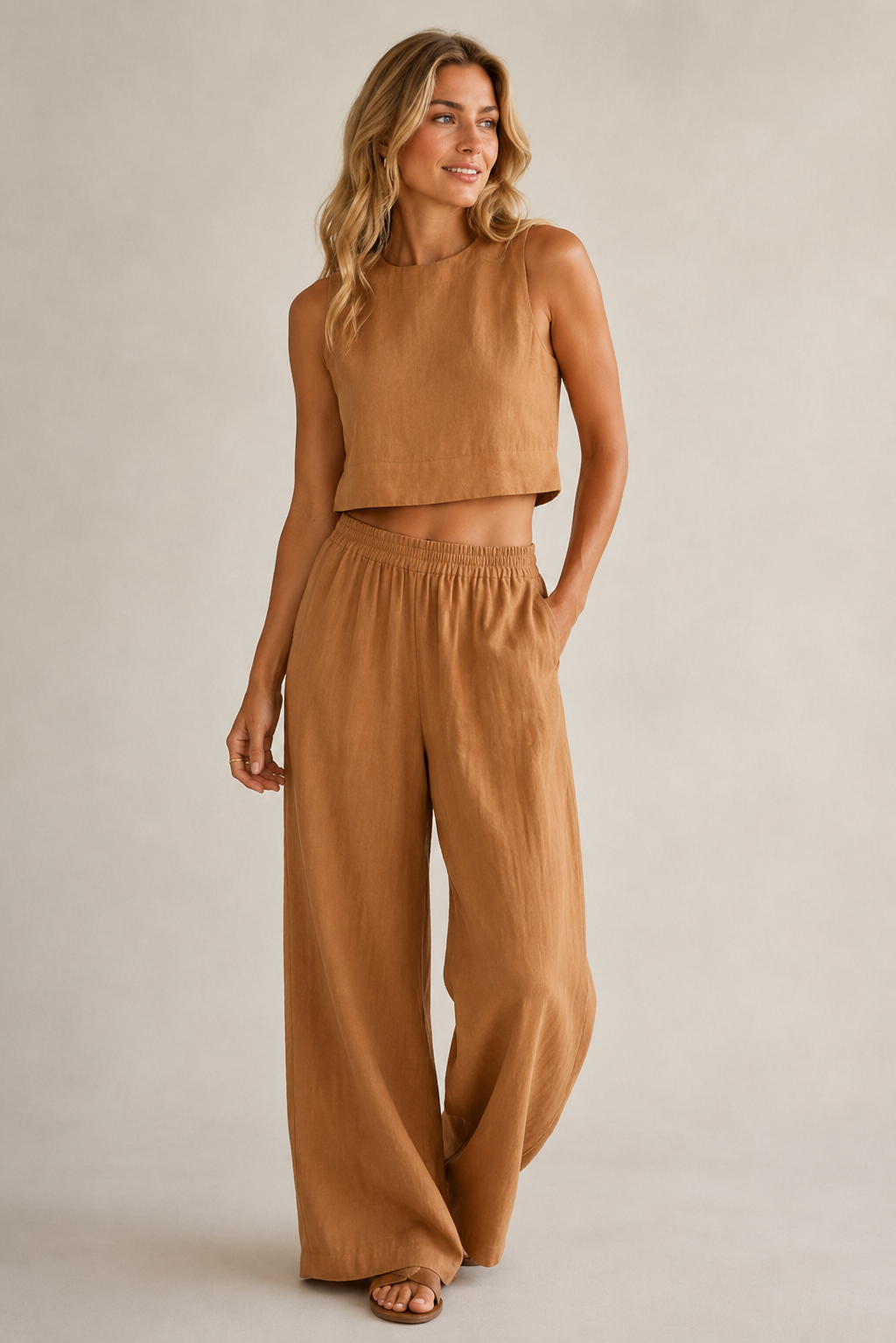 Women's Linen Blend Crop Top and Wide Leg Trousers Co-Ord Set for Summer