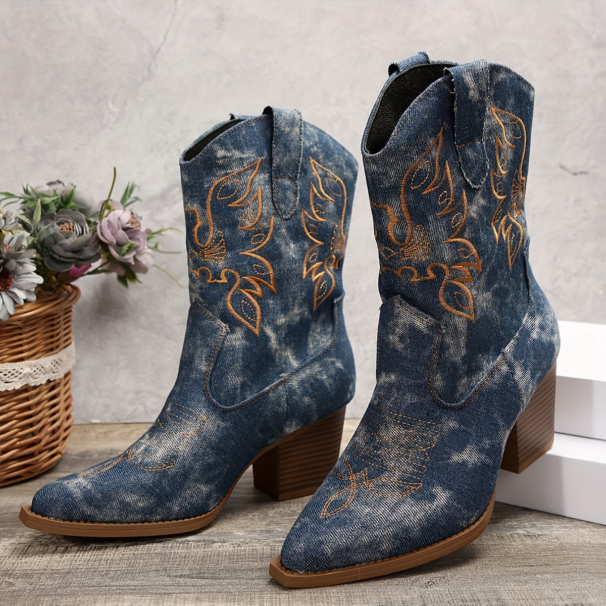 Women’s Denim Cowboy Boots with Western Embroidery