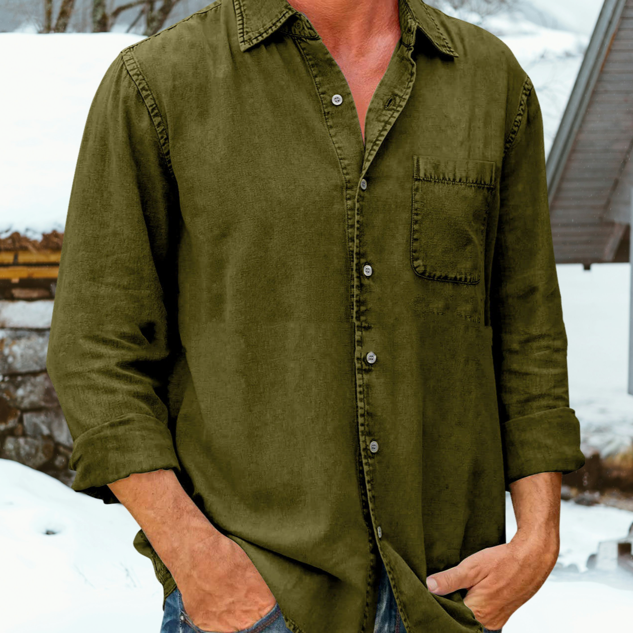 Chemise décontractée en mélange de lin à col classique pour homme