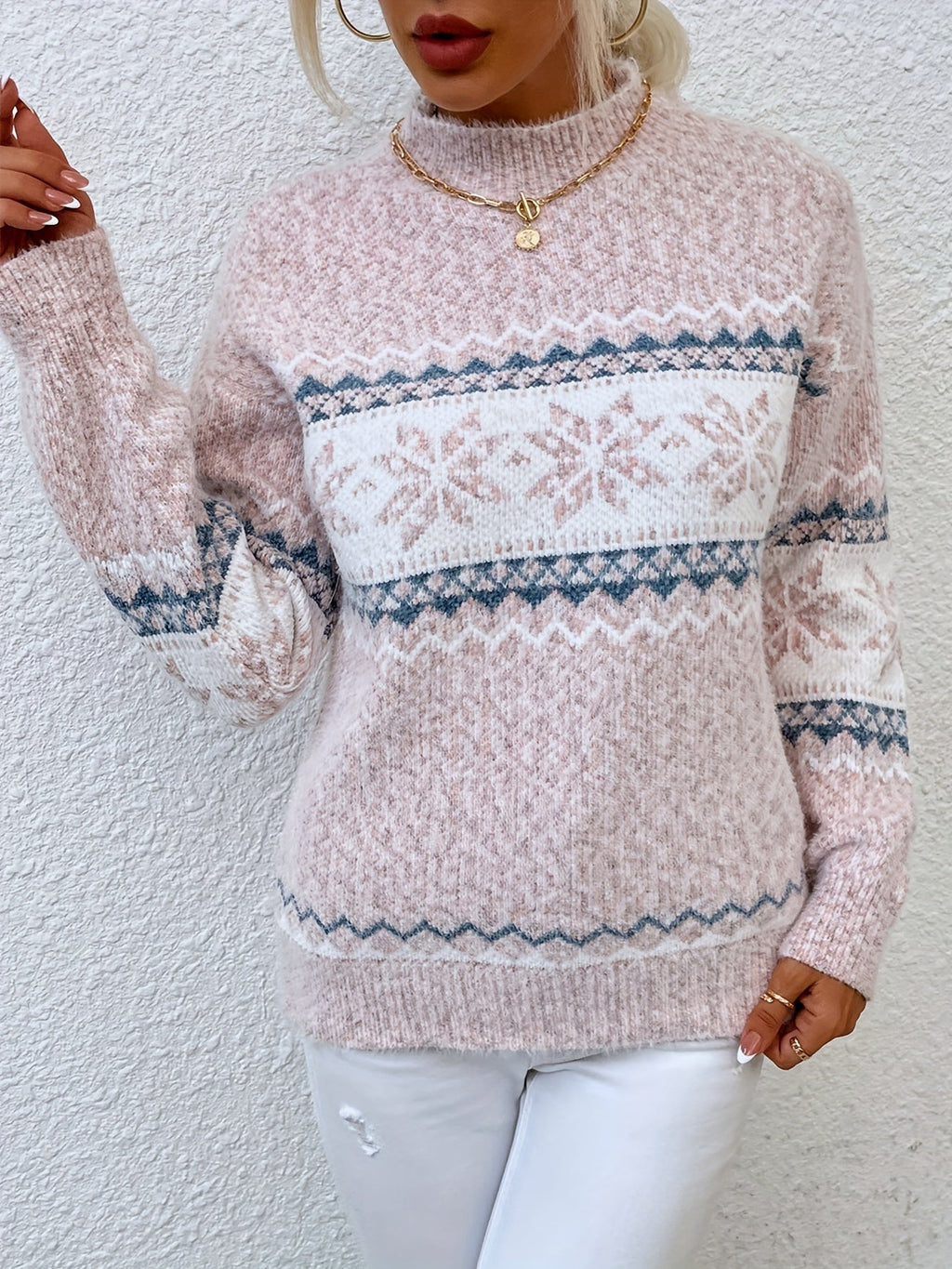 Pull de Noël oversize pour femme | Col montant en maille Fair Isle