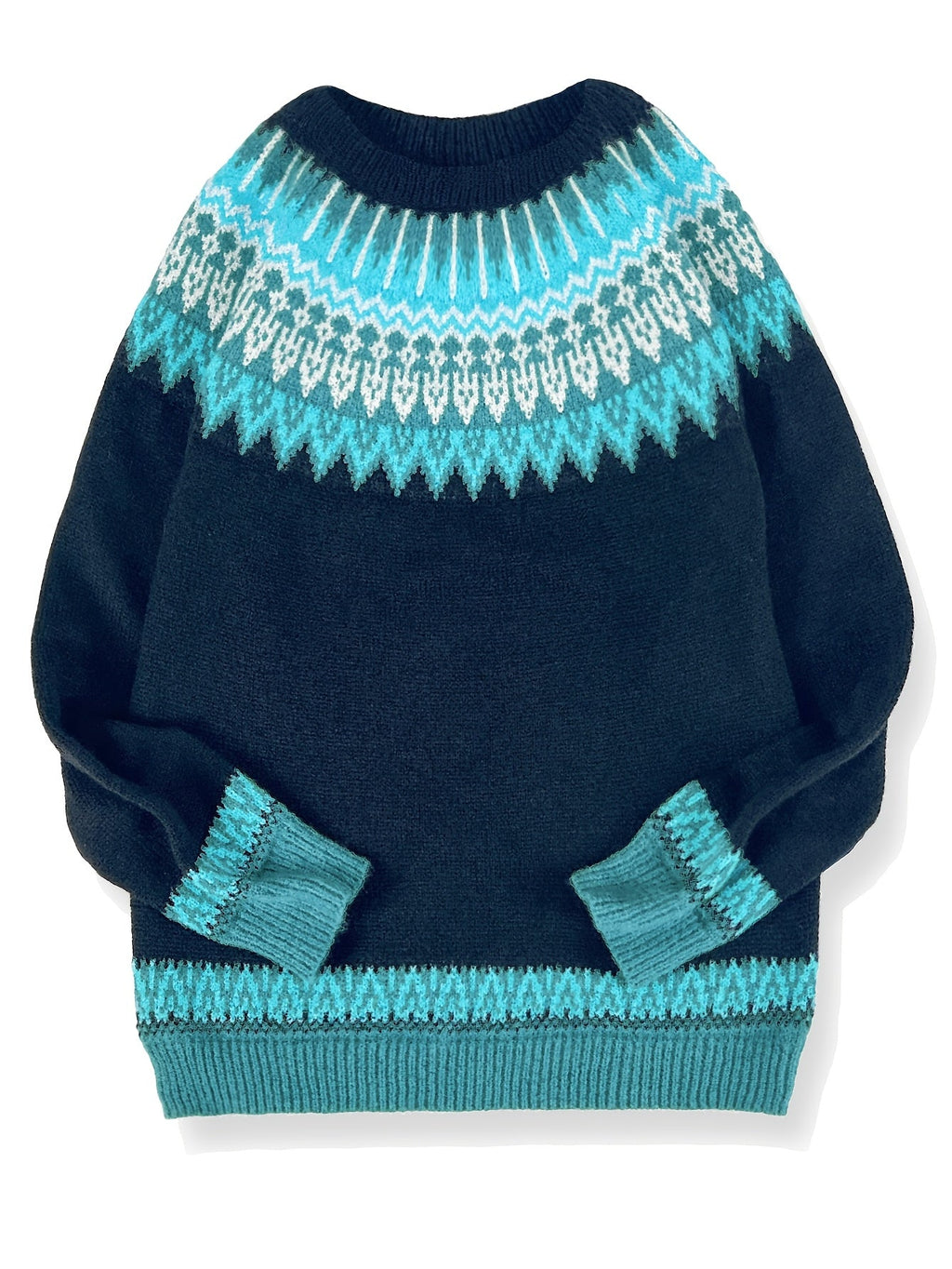 Damski gruby sweter | Okrągły dekolt i nordycki wzór