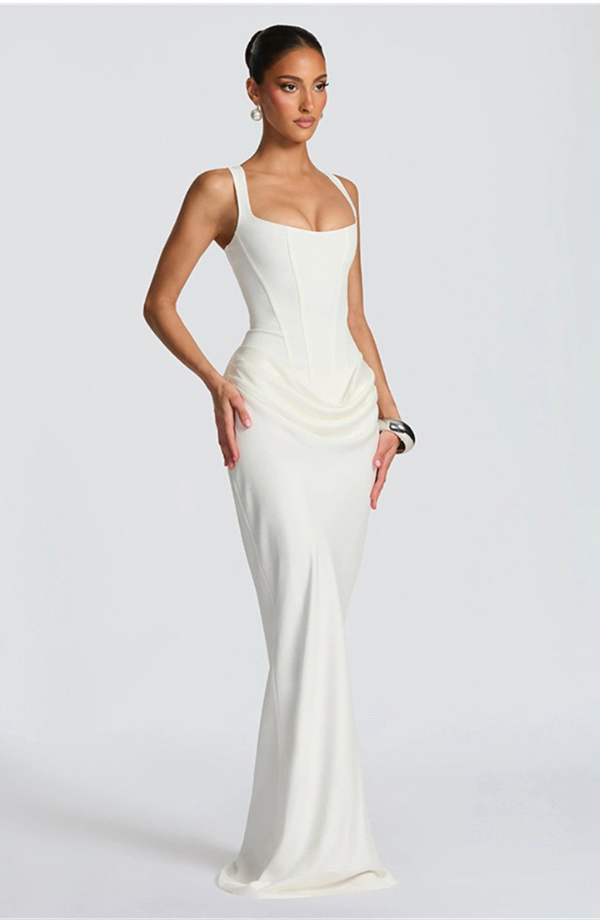 Women's Jersey Maxi Evening Dress with Draped Waist for Autumn