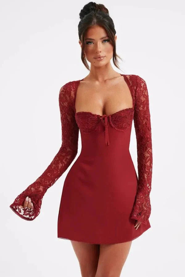 Women's Lace Mini Dress with Long Sleeves for Summer Occasion Wear