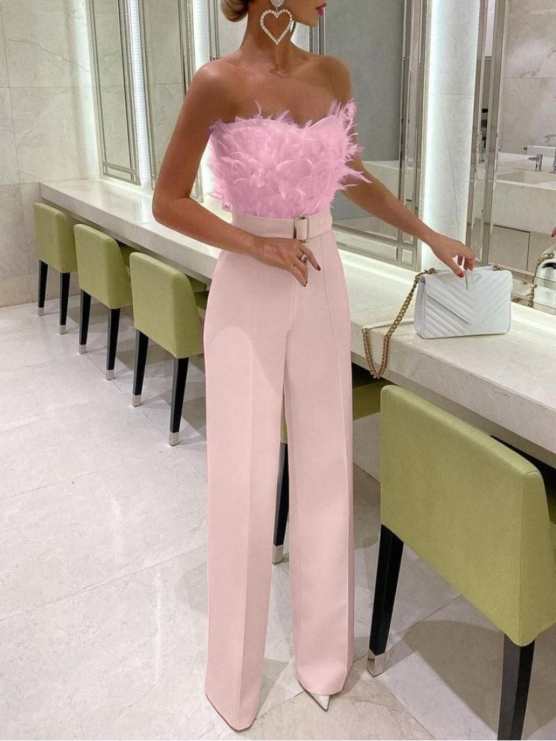 Combinaison pantalon fluide à plumes et bustier sans bretelles pour femme