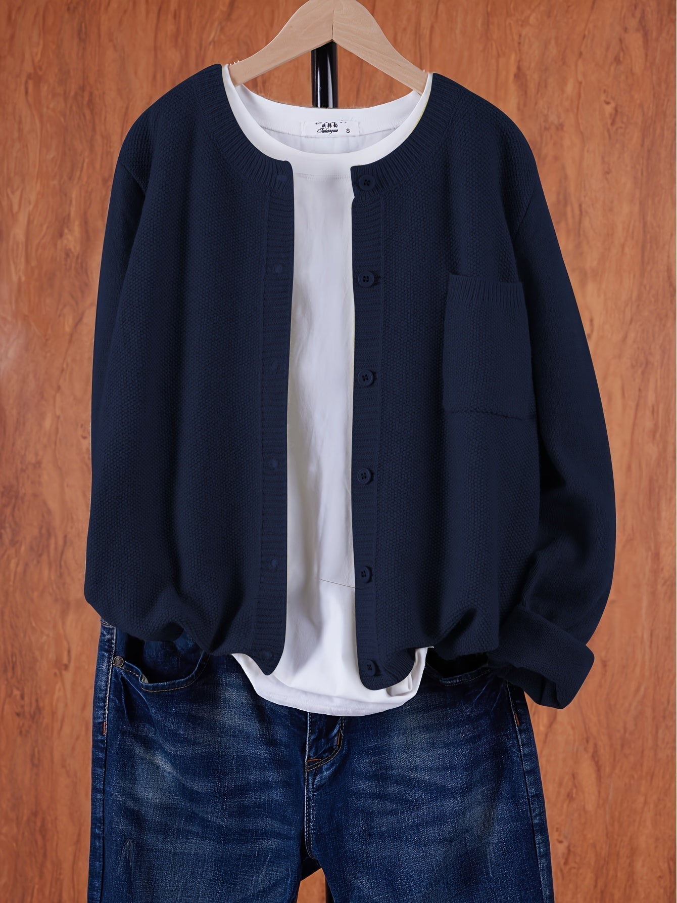Women’s Knitted Button Cardigan with Crew Neck and Pocket