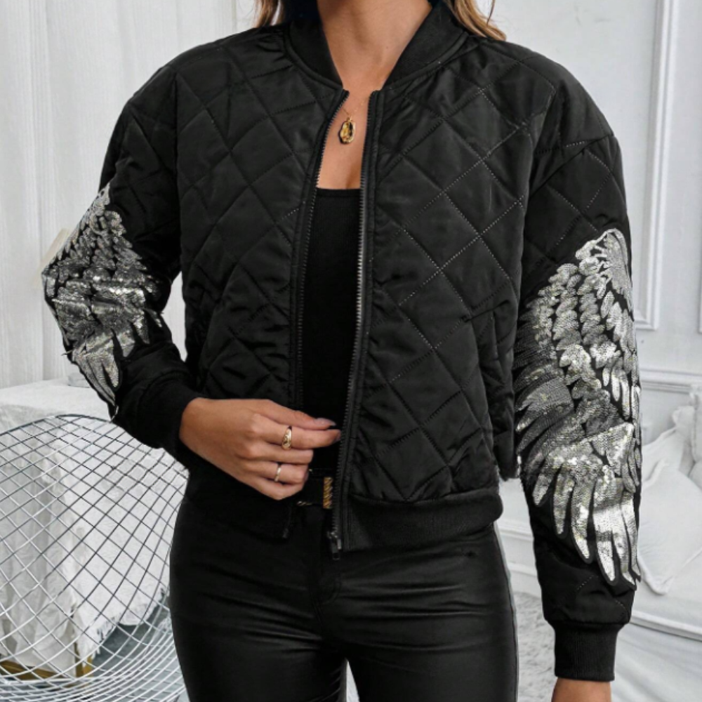 Women’s Quilted Bomber Jacket with Sequin Wing Detail