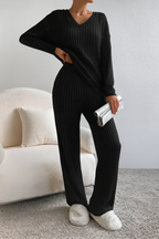 Ensemble d’intérieur pour femme en maille côtelée à col en V