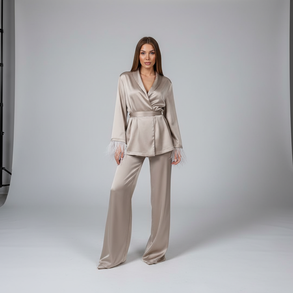 Ensemble de pyjama pour femme en satin avec bordure en plumes