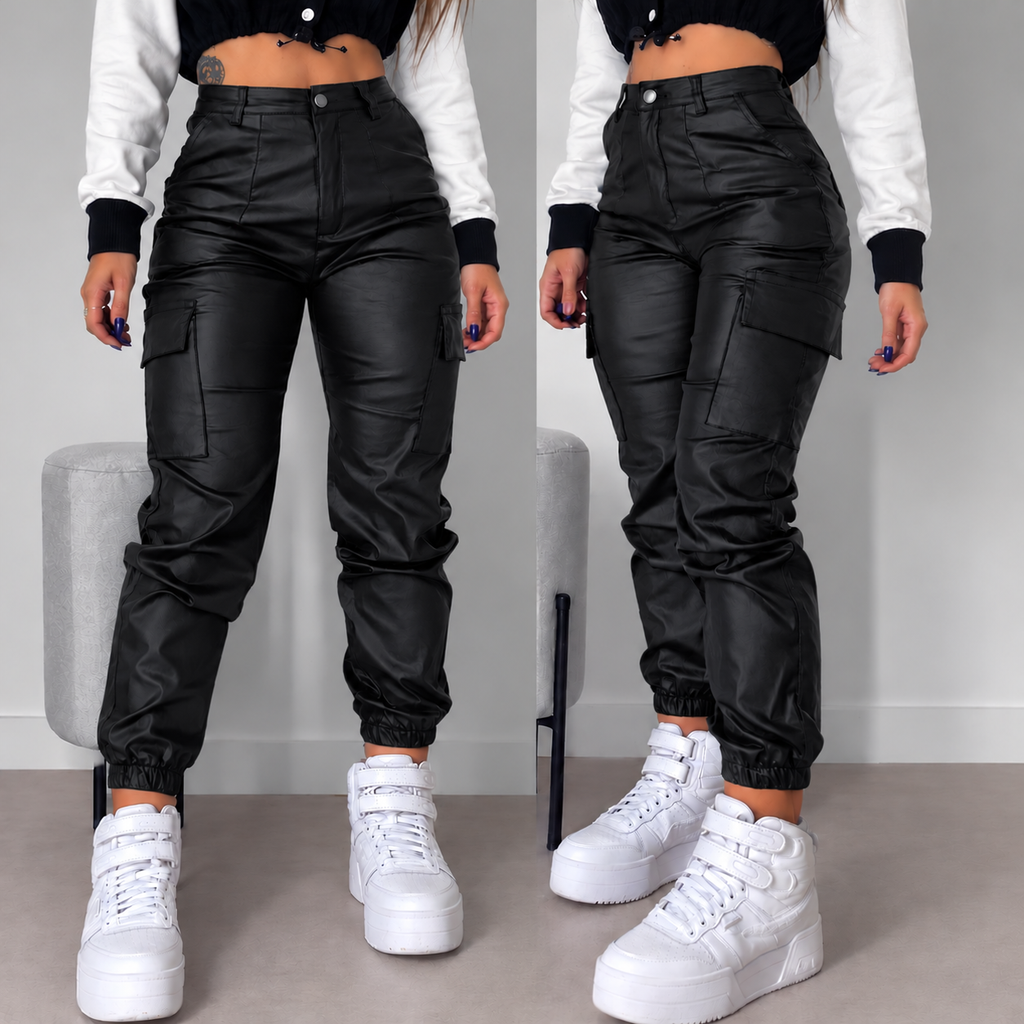 Women's Faux Leather Drawstring Tapered Trousers