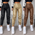 Women's Faux Leather Drawstring Tapered Trousers