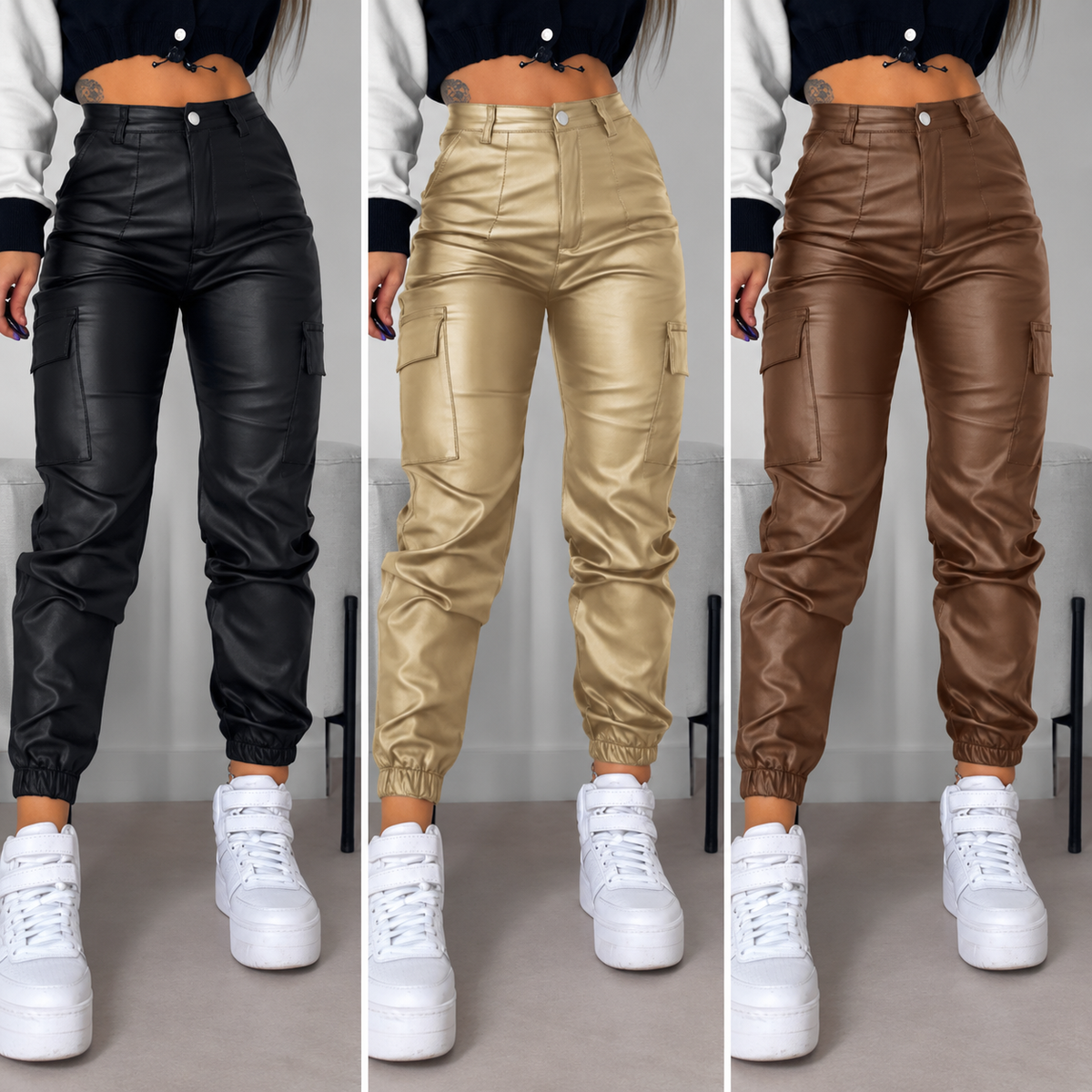 Women's Faux Leather Drawstring Tapered Trousers