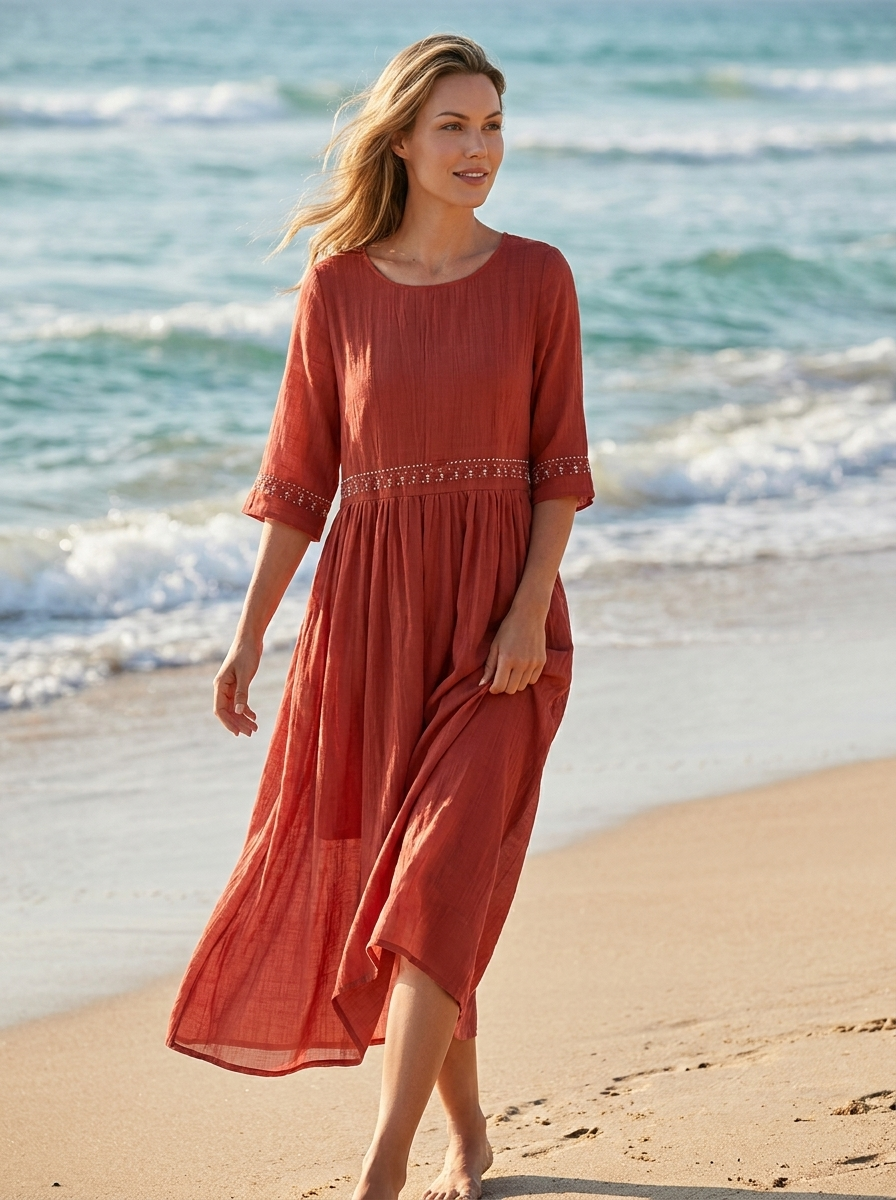 Women's Cotton Summer Midi Dress 3/4 Sleeve Beach Holiday Dress