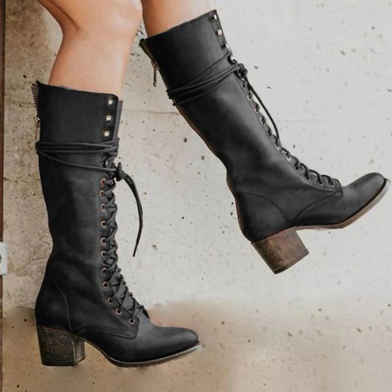 Women's Knee High Lace-Up Boots with Block Heel