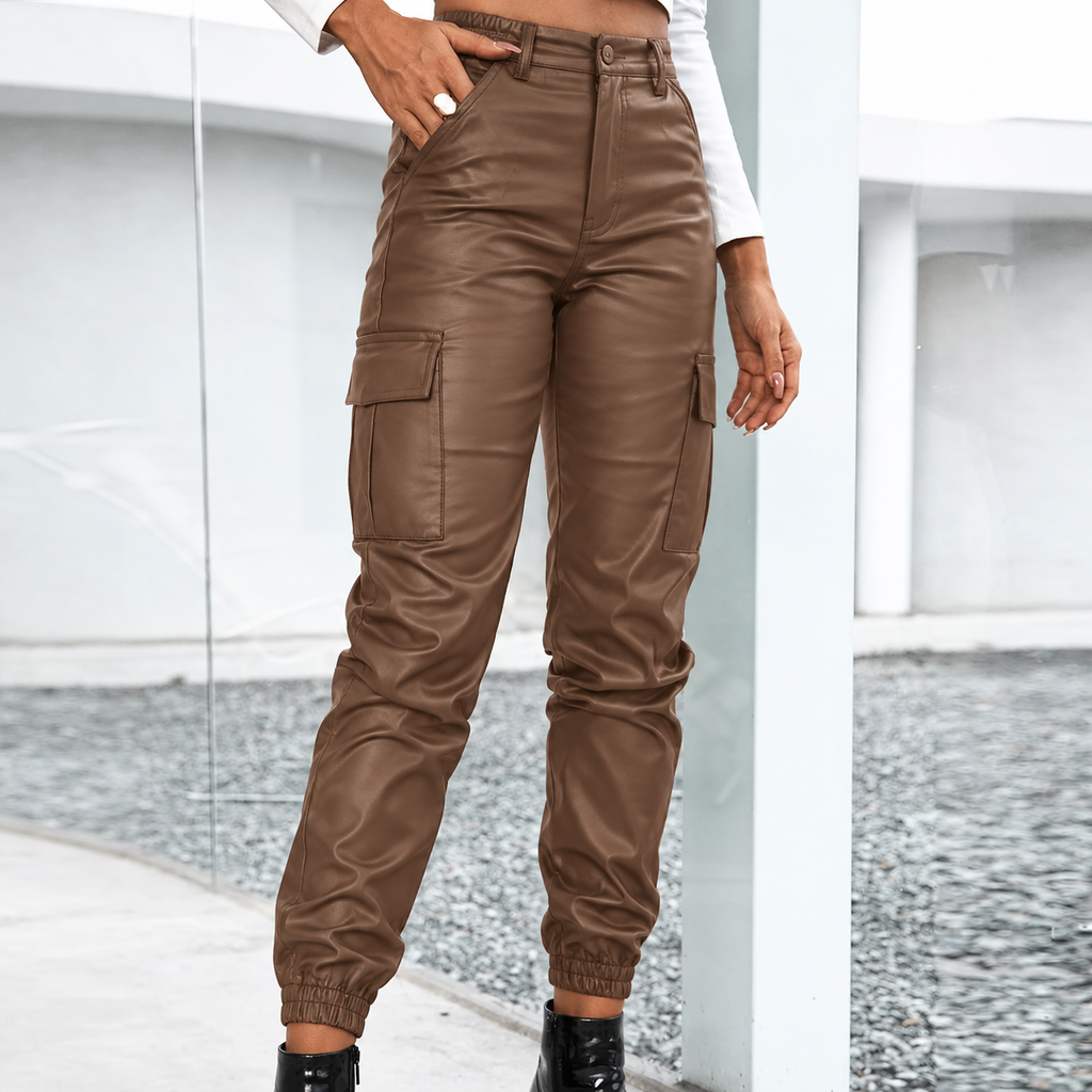 Women's Faux Leather Drawstring Tapered Trousers