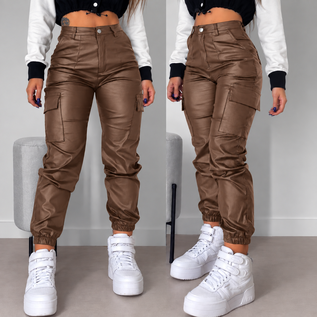 Women's Faux Leather Drawstring Tapered Trousers
