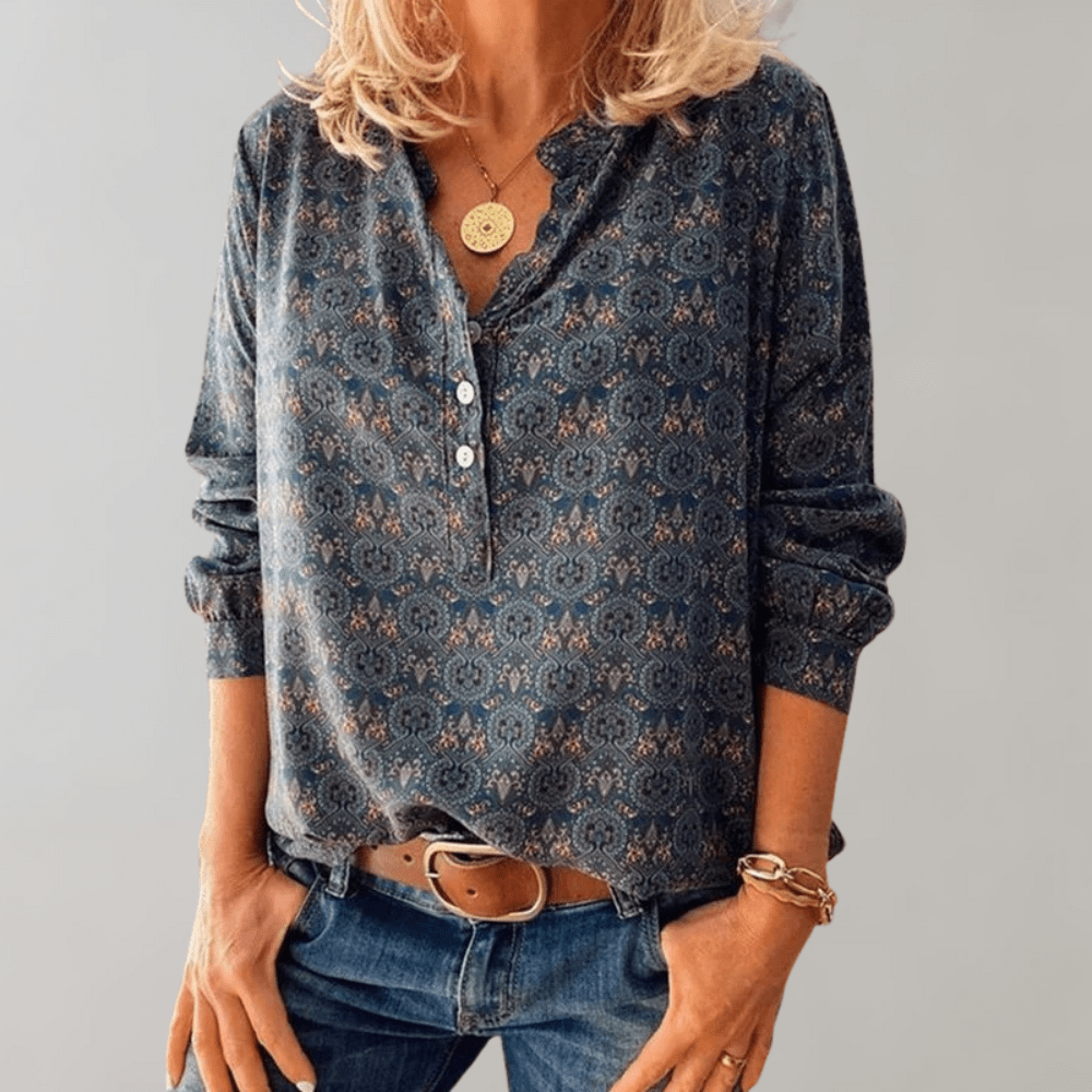 Women's Printed Long Sleeve Henley Blouse for Autumn