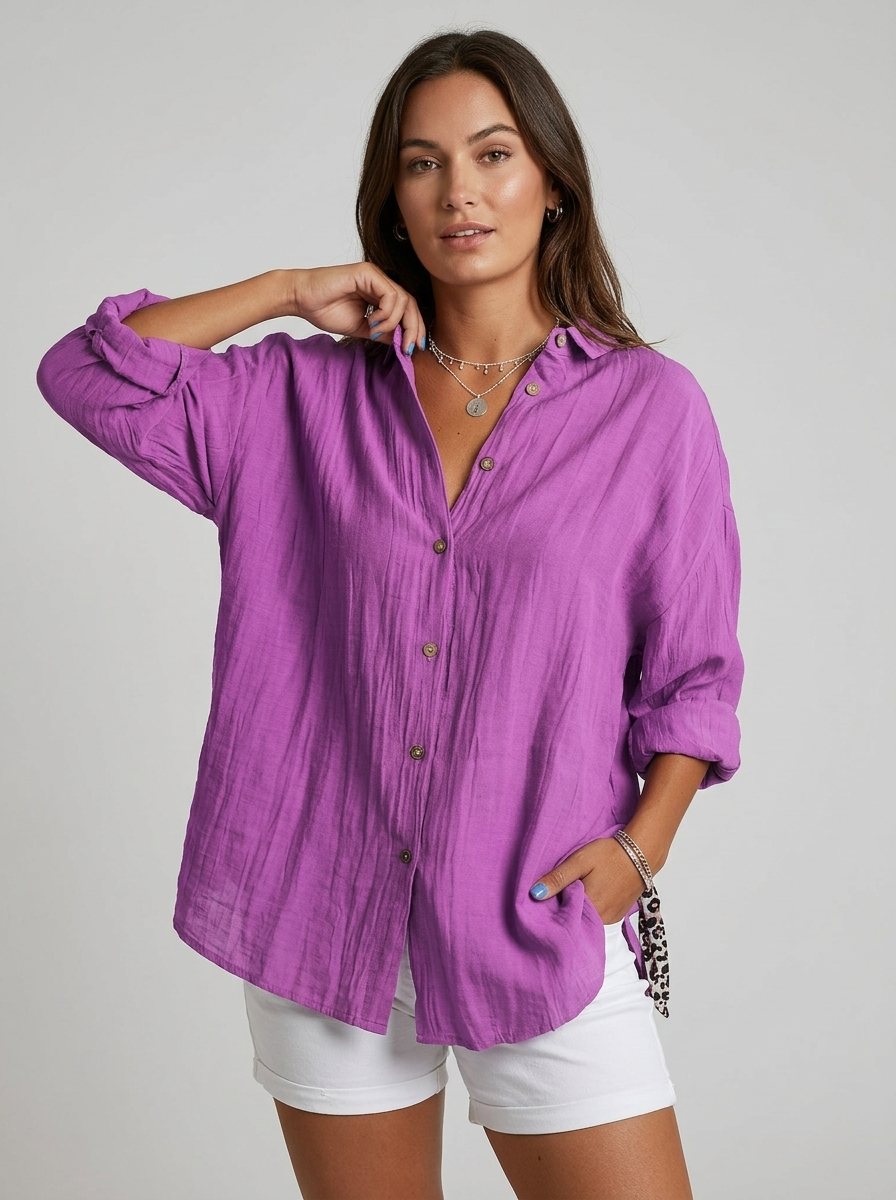 Women's Linen Summer Button Shirt Relaxed Fit Long Sleeve Blouse