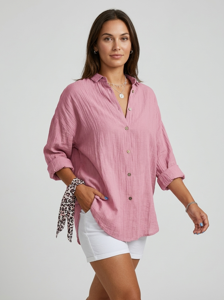 Women's Linen Summer Button Shirt Relaxed Fit Long Sleeve Blouse