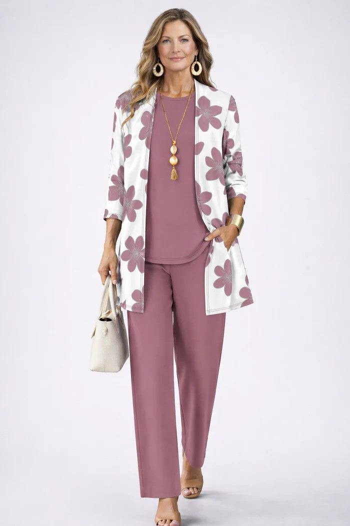 Ensemble trois pièces imprimé avec cardigan et pantalon pour femme