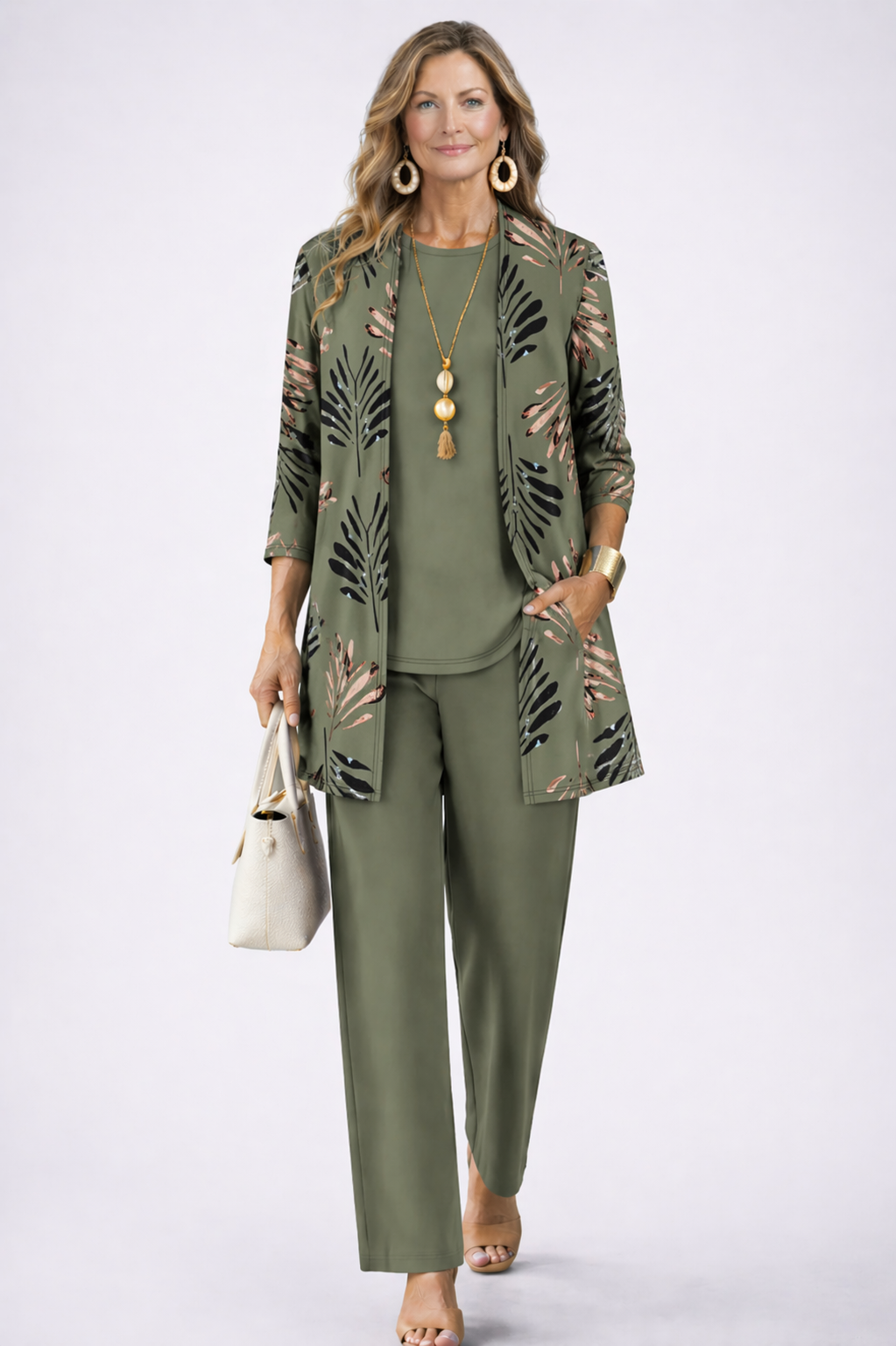 Ensemble trois pièces imprimé avec cardigan et pantalon pour femme