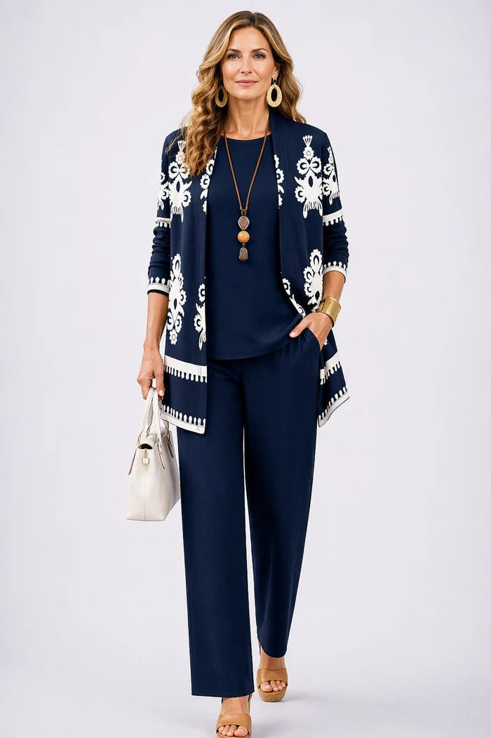 Ensemble trois pièces imprimé avec cardigan et pantalon pour femme