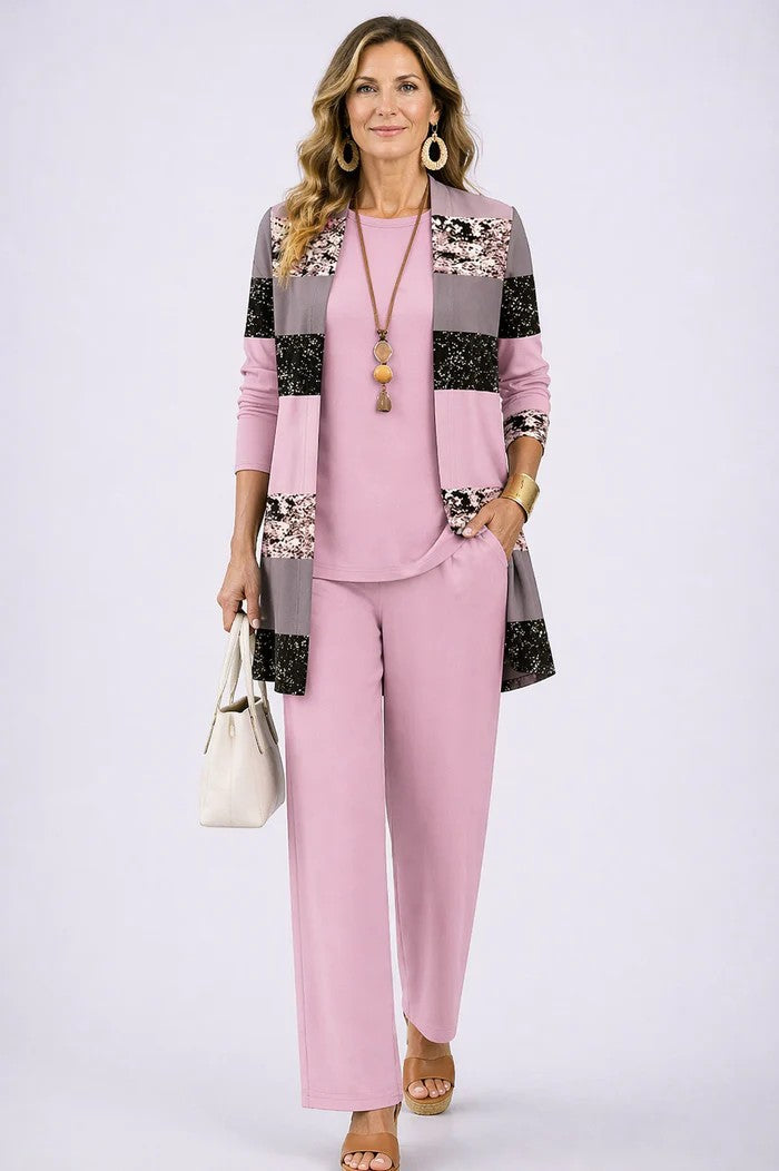 Ensemble trois pièces imprimé avec cardigan et pantalon pour femme