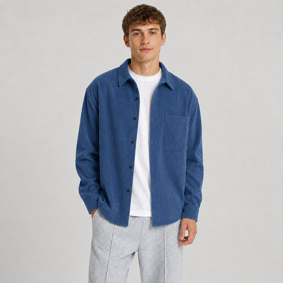 Surchemise ample pour homme | col cranté, fermeture boutonnée sur le devant