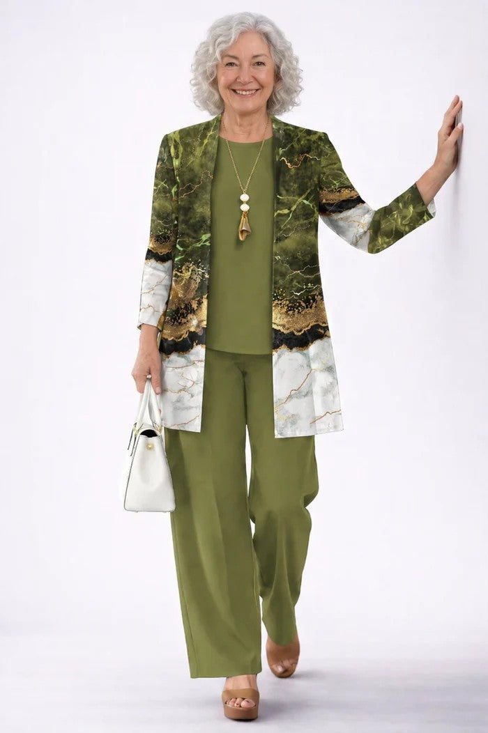 Ensemble trois pièces imprimé avec cardigan et pantalon pour femme