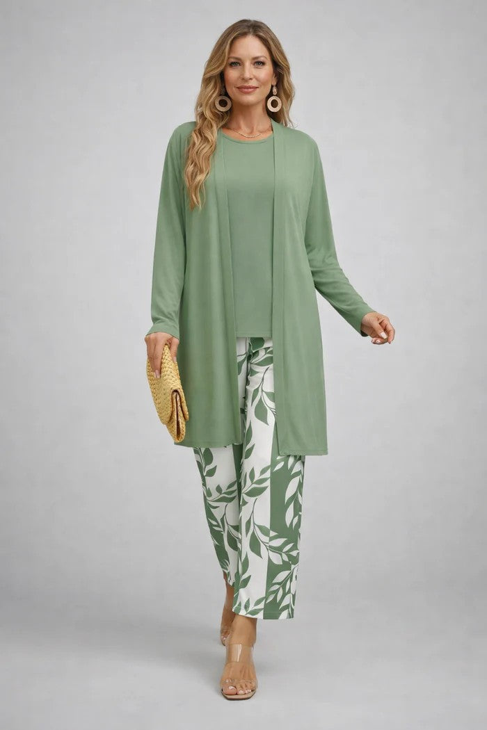 Ensemble trois pièces imprimé avec cardigan et pantalon pour femme