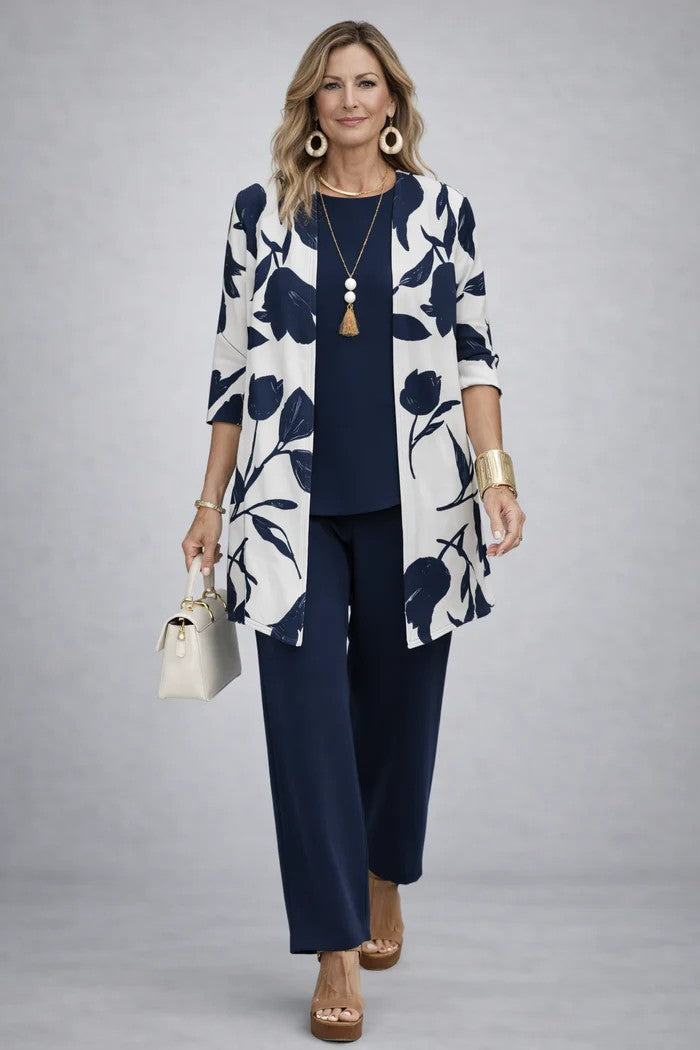 Ensemble trois pièces imprimé avec cardigan et pantalon pour femme