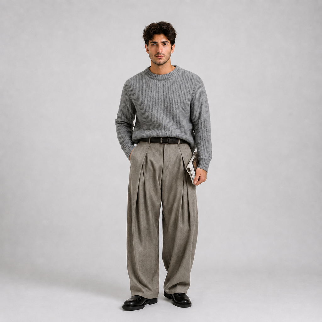 Men's Wide Leg Pleated Trousers | High Waist Tailored