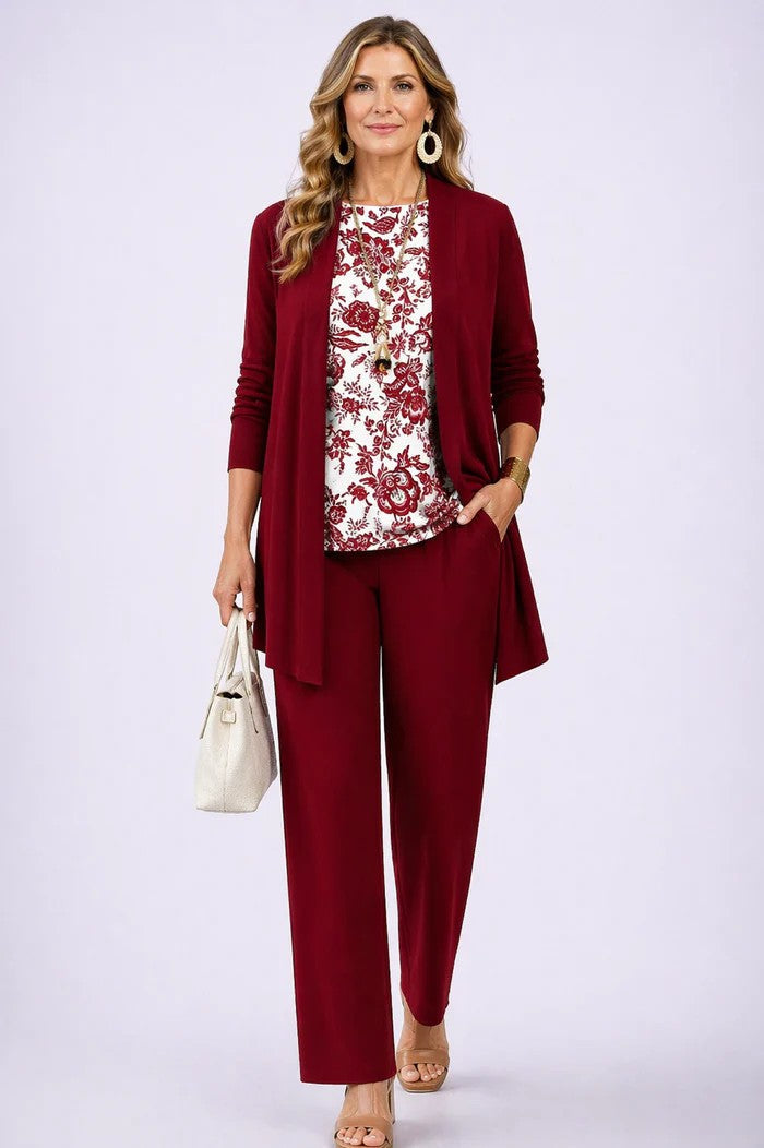 Ensemble trois pièces imprimé avec cardigan et pantalon pour femme