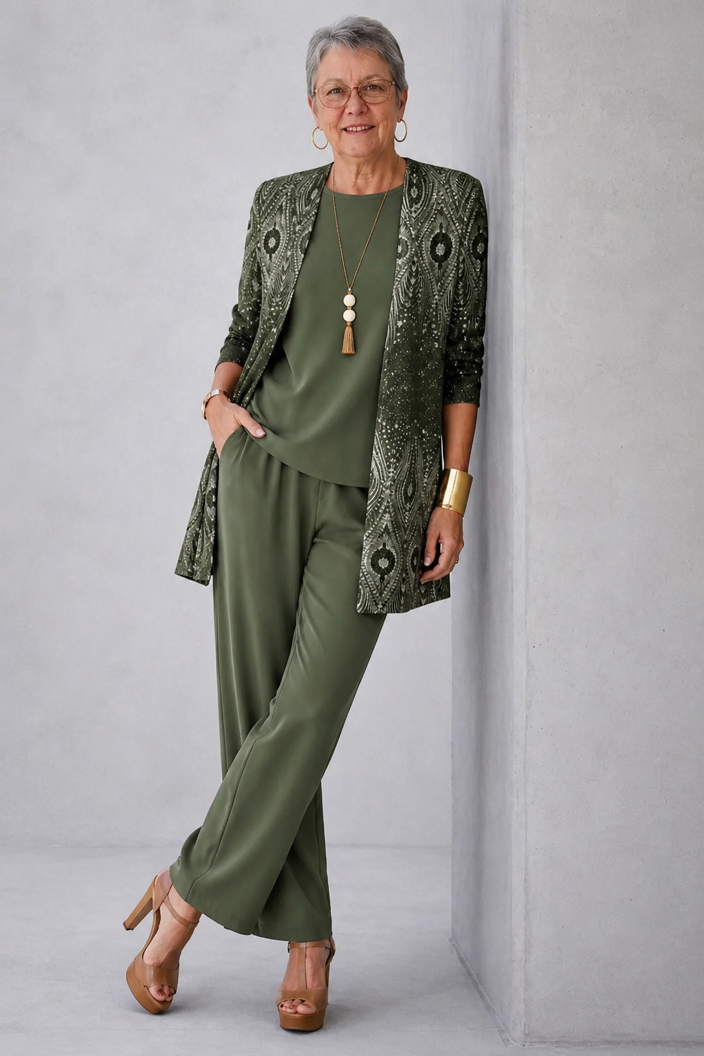 Ensemble trois pièces pour femme avec pantalon et veste longue