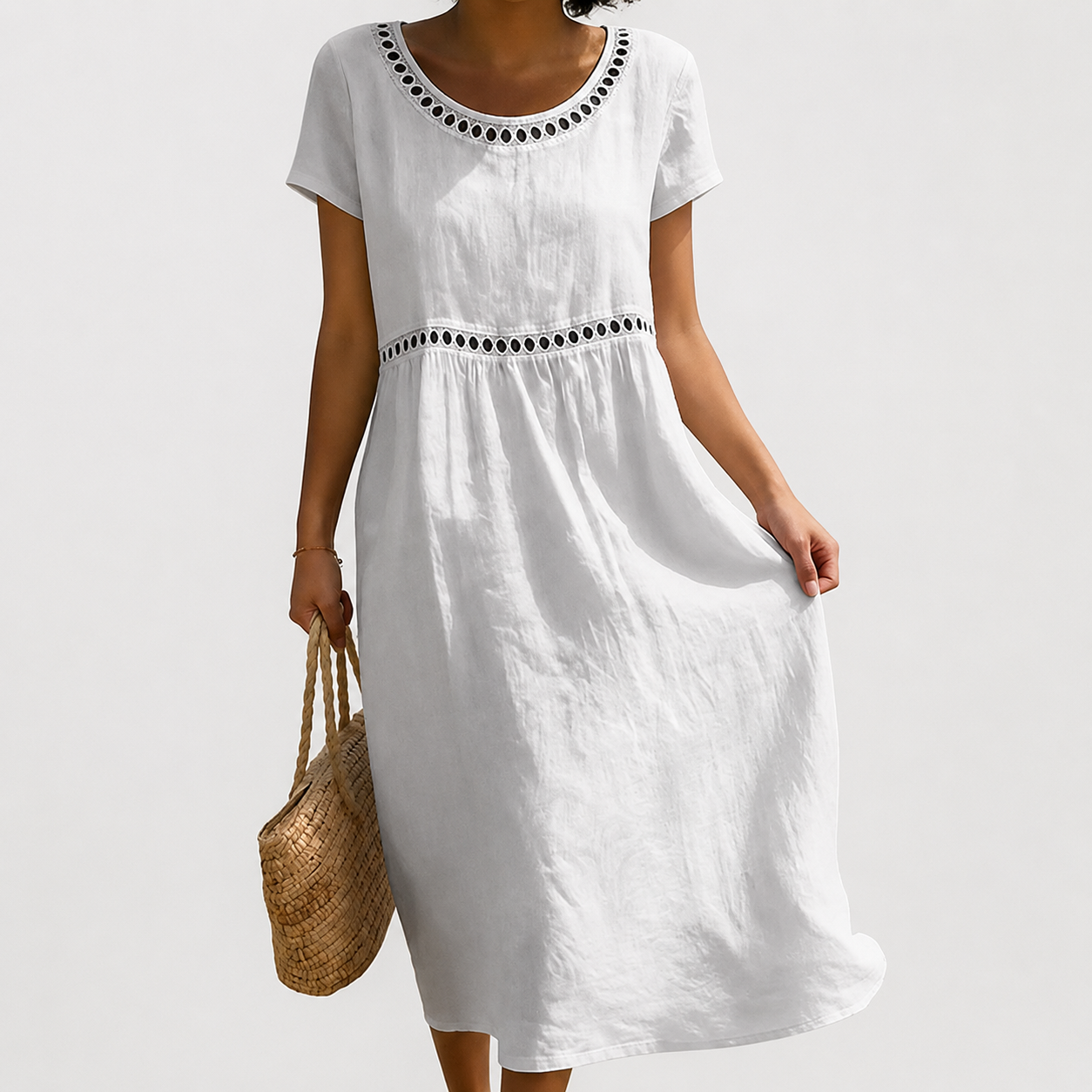 Women's Cotton Blend Midi Dress with Lace Detail for Summer
