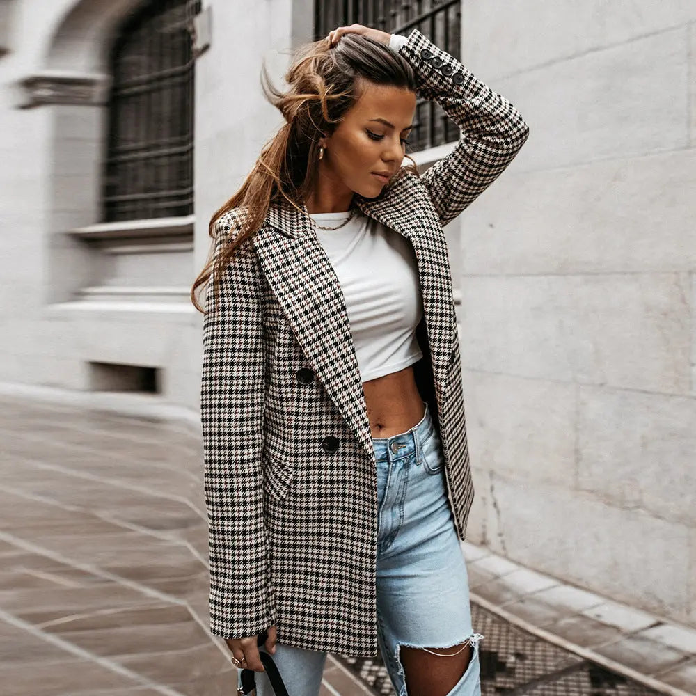 Blazer à carreaux et double boutonnage pour femme