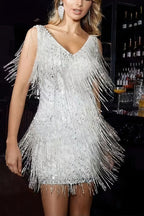 Women's Gold Glitter Dress | V-Neck Party Dress with Fringe