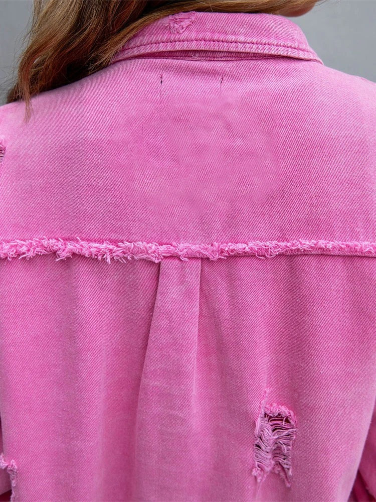 Women's Oversized Denim Jacket | Distressed Pink